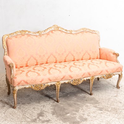 Lot 361 - Italian Rococo Style Upholstered Painted Wood Sofa