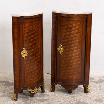 Lot 1 - Pair of Louis XV Style Gilt-Bronze Mounted and Parquetry Corner Cabinets