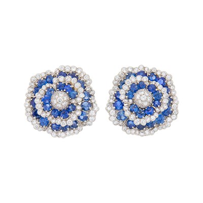 Lot 154 - Pair of Platinum, Sapphire and Diamond Flower Earrings