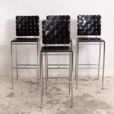 Lot 87 - Set of Four Chromed Metal and Faux Leather Upholstered Bar Stools