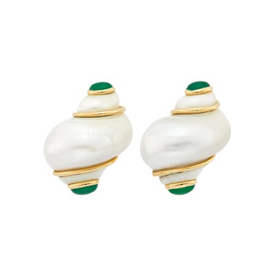 Lot 1102 - Seaman Schepps Pair of Gold, Shell and Green Chrysoprase 'Turbo Shell' Earclips