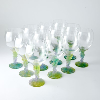 Lot 413 - Set of Twelve Daum Pâte de Verre and Blown Glass Grape Wine Glasses