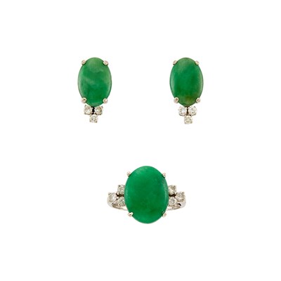 Lot 2403 - White Gold, Jade and Diamond Ring and Pair of Earrings