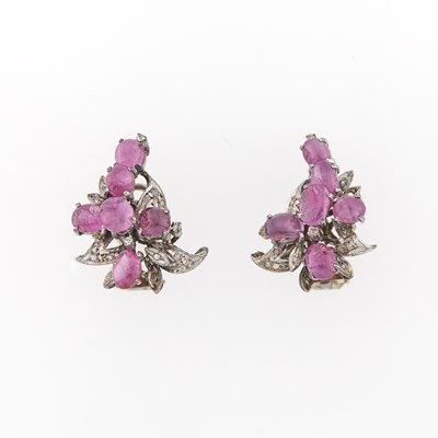 Lot 2282 - Pair of Silver, Cabochon Ruby and Diamond Cluster Earrings