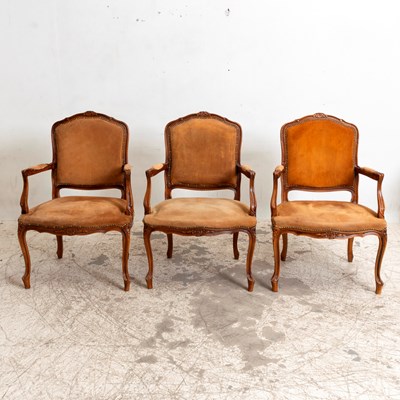 Lot 340 - Set of Three Suede Upholstered Armchairs