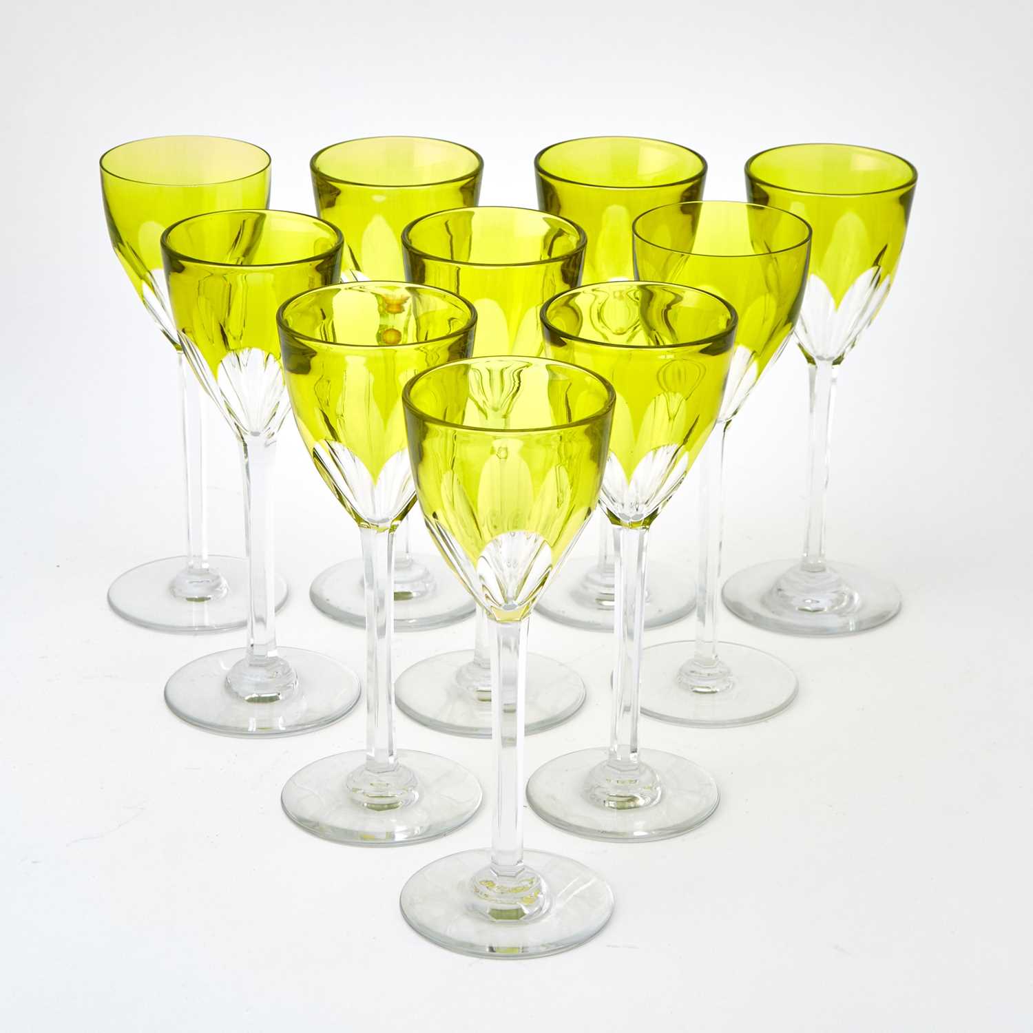 Lot 578 - Assembled Set of Ten Baccarat Cut Glass "Genova" Pattern Chartreuse Overlay Rhine Wine Glasses