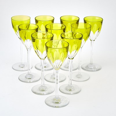 Lot 578 - Assembled Set of Ten Baccarat Cut Glass "Genova" Pattern Chartreuse Overlay Rhine Wine Glasses