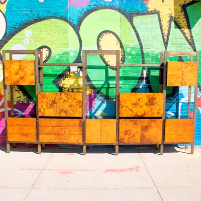 Lot 359 - Mid Century Modern Patinated Metal, Glass, and Faux Burlwood Shelving Units