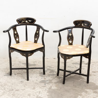 Lot 61 - Pair of Chinese Style Black Lacquer Armchairs