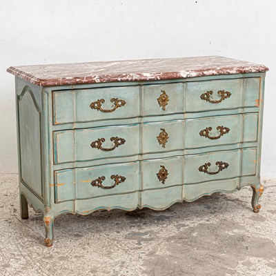 Lot 56 - Louis XV Style Marble Top Blue Painted Chest of Drawers