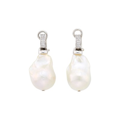 Lot 2286 - Pair of Platinum, Baroque Freshwater Pearl and Diamond Pendant-Earrings