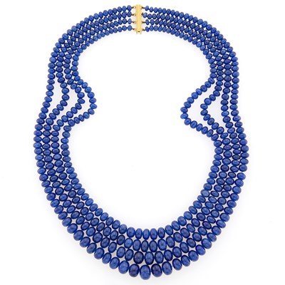 Lot 2098 - Four Strand Sapphire Bead Necklace with Gold Clasp