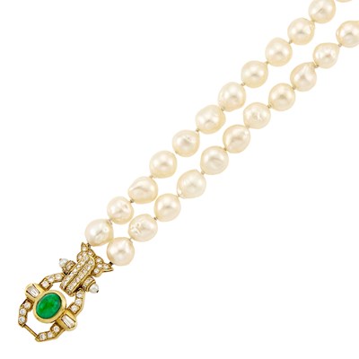 Lot 2337 - Double Strand Cultured Pearl Bracelet with Gold, Cabochon Emerald and Diamond Clasp