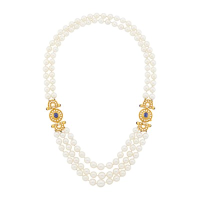 Lot 1104 - Multistrand Cultured Pearl, Gold, Cabochon Sapphire and Diamond Necklace