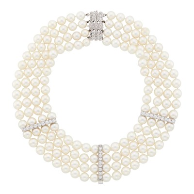 Lot 1126 - Four Strand Cultured Pearl, White Gold and Diamond Necklace