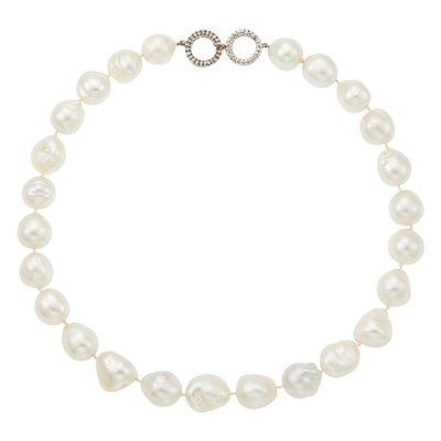 Lot 2299 - South Sea Baroque Cultured Pearl Necklace with White Gold and Diamond Circle Link Clasp