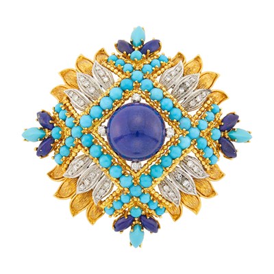 Lot 1138 - Two-Color Gold, Lapis, Turquoise and Diamond Clip-Brooch