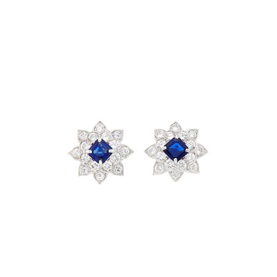 Lot 78 - Pair of White Gold, Sapphire and Diamond Floret Earrings