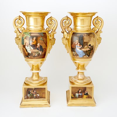 Lot 638 - Pair of French Empire Style Hand-Painted Porcelain Gold-Ground Two-Handled Urns