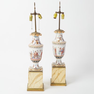 Lot 600 - Pair of French Neoclassical Style Hand-Painted Porcelain Table Lamps