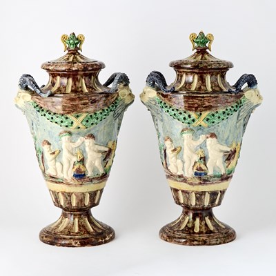 Lot 214 - Pair of Palissy Style School of Paris Covered Vases