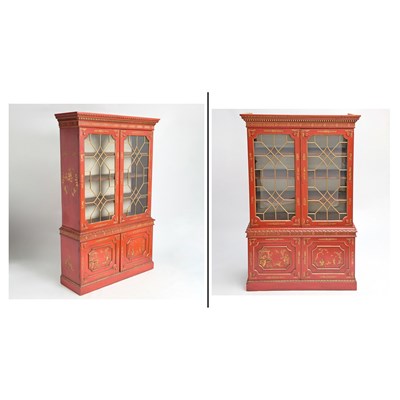 Lot 279 - Pair of George III Style Red Lacquer Gilt Chinoiserie Decorated Cabinets