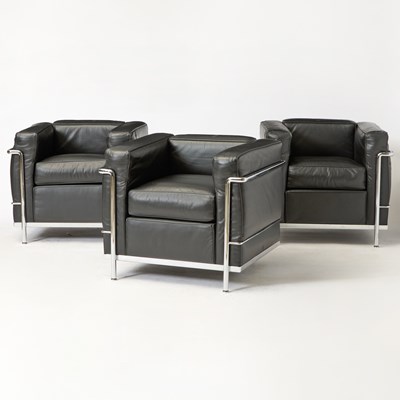 Lot 224 - Three Le Corbusier for Cassina Steel and Leather Upholstered "LC2" Armchairs