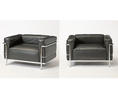 Lot 223 - Pair of Le Corbusier for Cassina Steel and Leather Upholstered "LC3" Petite Sofas