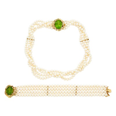 Lot 1029 - Four Strand Freshwater Pearl, Gold, Peridot and Diamond Bracelet and Necklace