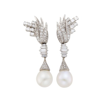 Lot 1189 - Pair of Platinum, White Gold, South Sea Cultured Pearl and Diamond Earrings