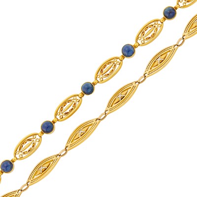 Lot 2193 - Gold and Platinum Link Bracelet and Cabochon Sapphire Link Bracelet, France