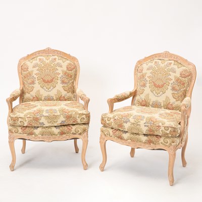 Lot 275 - Pair of Louis XV Style Upholstered Oak Fauteuils