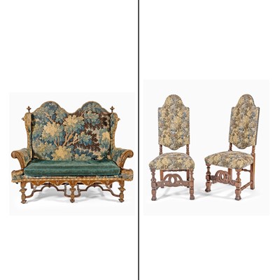 Lot 175 - William & Mary Style Tapestry-Upholstered Settee and Pair of Similar Side Chairs