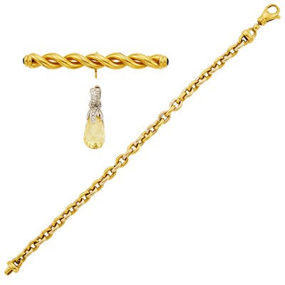 Lot 1254 - Two-Color Gold Link Bracelet, White Gold, Citrine and Diamond Enhancer and Bar Pendant-Brooch