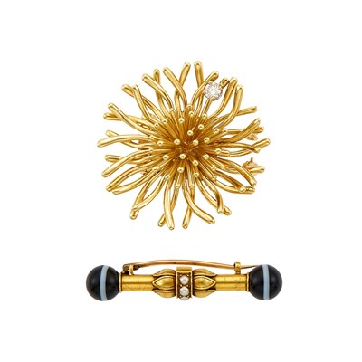 Lot 1097 - Gold and Diamond Flower Brooch and Antique Gold, Banded Agate and Split Pearl Brooch