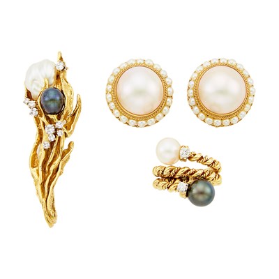 Lot 1260 - Gold, Tahitian and Cultured Pearl and Diamond Ring, Pair of Mabé Pearl Earrings and Gilbert Albert Baroque Cultured Pearl Brooch