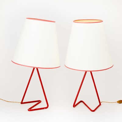 Lot 328 - Pair of Jean Royere Red Painted Metal "Flic Flac" Lamps