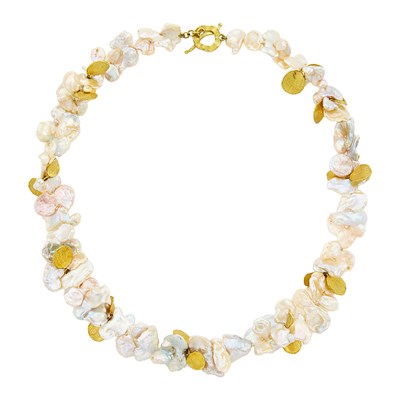 Lot 1224 - Gold and Freshwater Pearl Petal Necklace