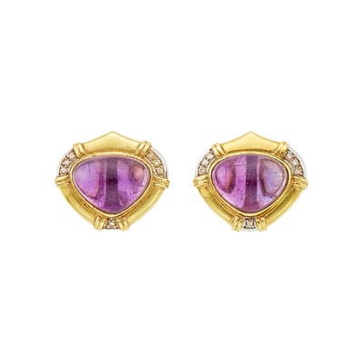 Lot 1008 - Pair of Two-Color Gold, Cabochon Amethyst and Diamond Earrings