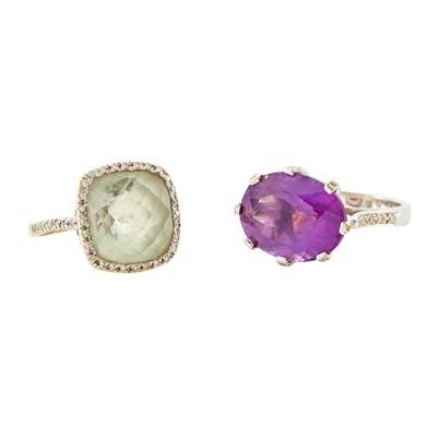 Lot 1258 - Two White Gold, Diamond, Amethyst and Green Beryl Rings