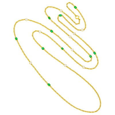 Lot 180 - Long Gold, Emerald and Diamond Chain Necklace