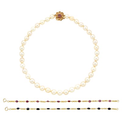 Lot 1283 - Cultured Pearl Necklace with Gold and Ruby Flower Clasp and Pair of Gem-Set Bracelets/Necklace Combination