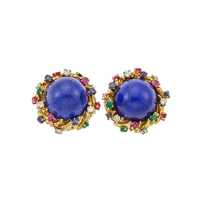 Lot 1061 - Doskow Pair of Gold, Lapis, Gem-Set and Diamond Earrings