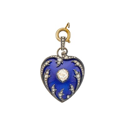 Lot 1121 - Antique Silver, Gold, Blue Guilloché Enamel and Diamond Heart Locket Pendant