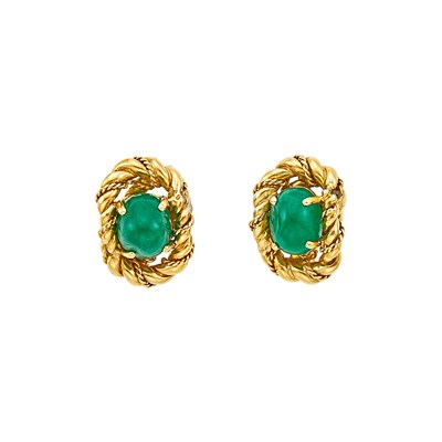 Lot 1211 - Pair of Gold and Cabochon Emerald Earclips