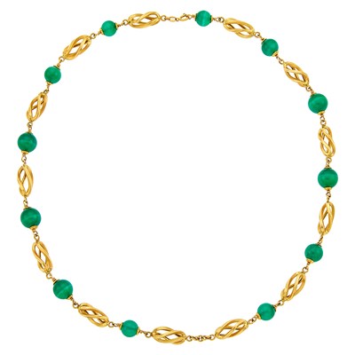 Lot 1068 - Long Gold and Green Onyx Bead Necklace