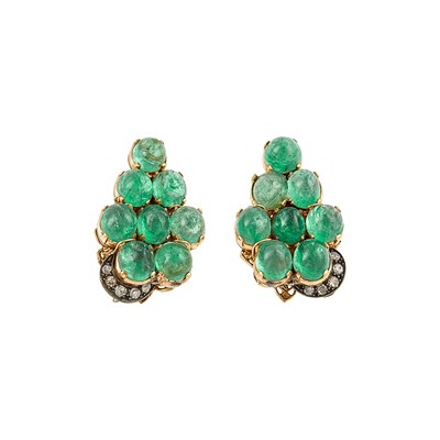 Lot 1230 - Pair of Gold, Silver, Cabochon Emerald and Diamond Earrings