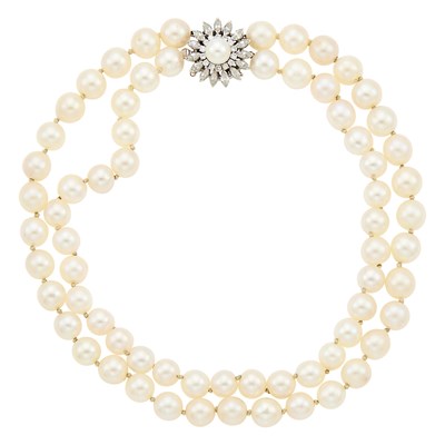 Lot 1194 - Double Strand Cultured Pearl Necklace with White Gold, Cultured Pearl and Diamond Flower Clasp