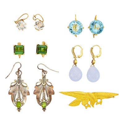 Lot 1207 - Five Pairs of Gold, Silver, Paste and Gem-Set Earrings and High Karat Gold Pin