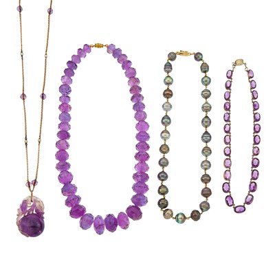 Lot 1297 - Four Amethyst and Baroque Gray Cultured Pearl Necklaces